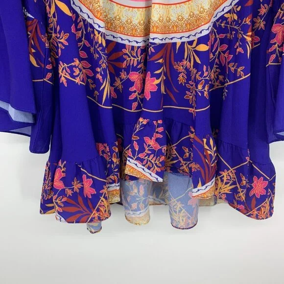 Umgee Top Blue V Neck Bell Sleeve Boho Medallion Printed - Picture 5 of 11